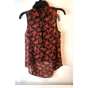 Timing Romantic Red Rose Floral Chiffon Blouse - Sleeveless High-Low Top -Size S
